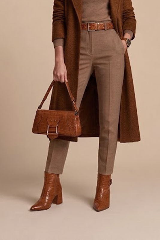 Women's cognac back-buckle ankle boots with pointed toe and mid block heel - Top view